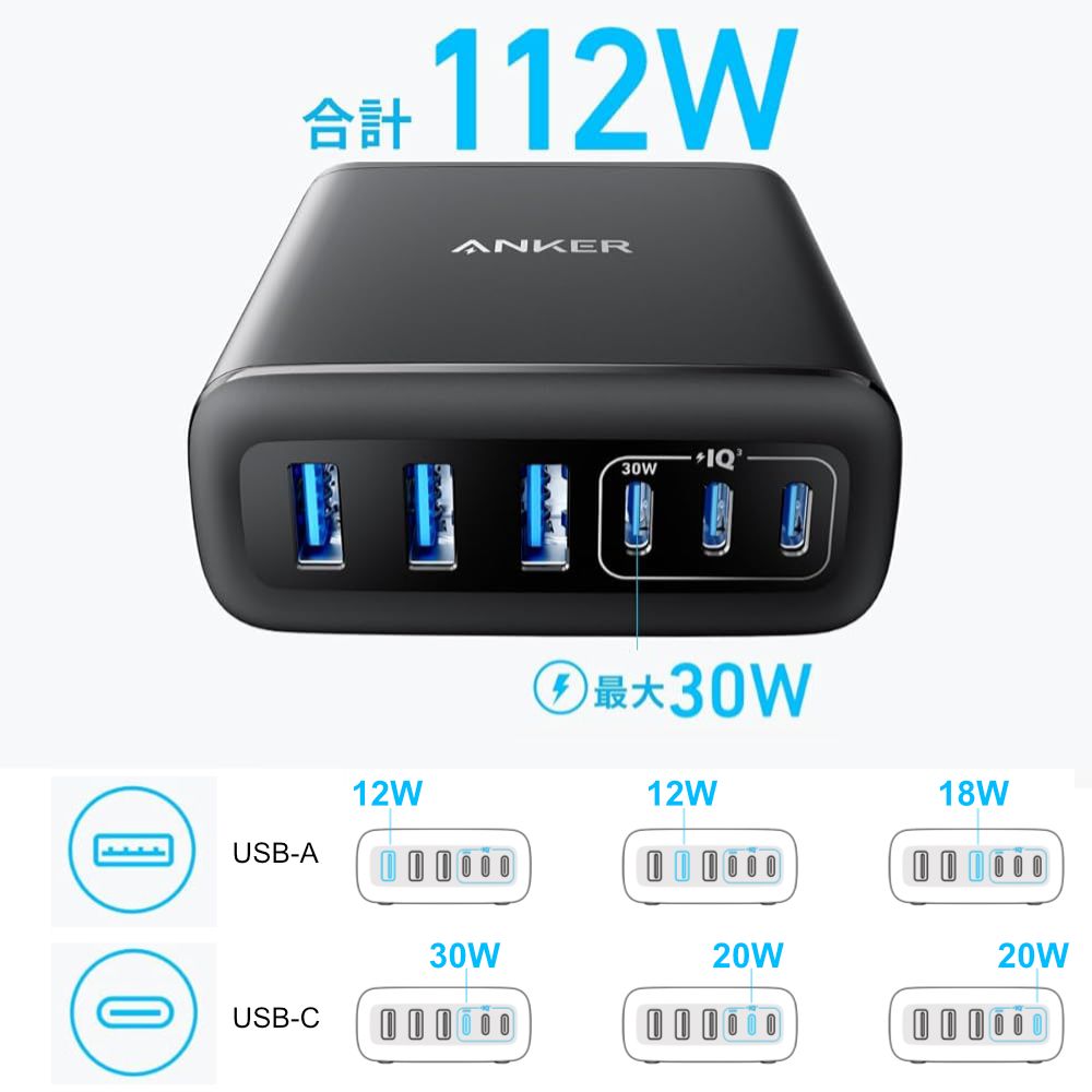 Anker Charger(112W 6 Ports GaN)ブラック [A2154511]｜Mac専門店 秋葉館